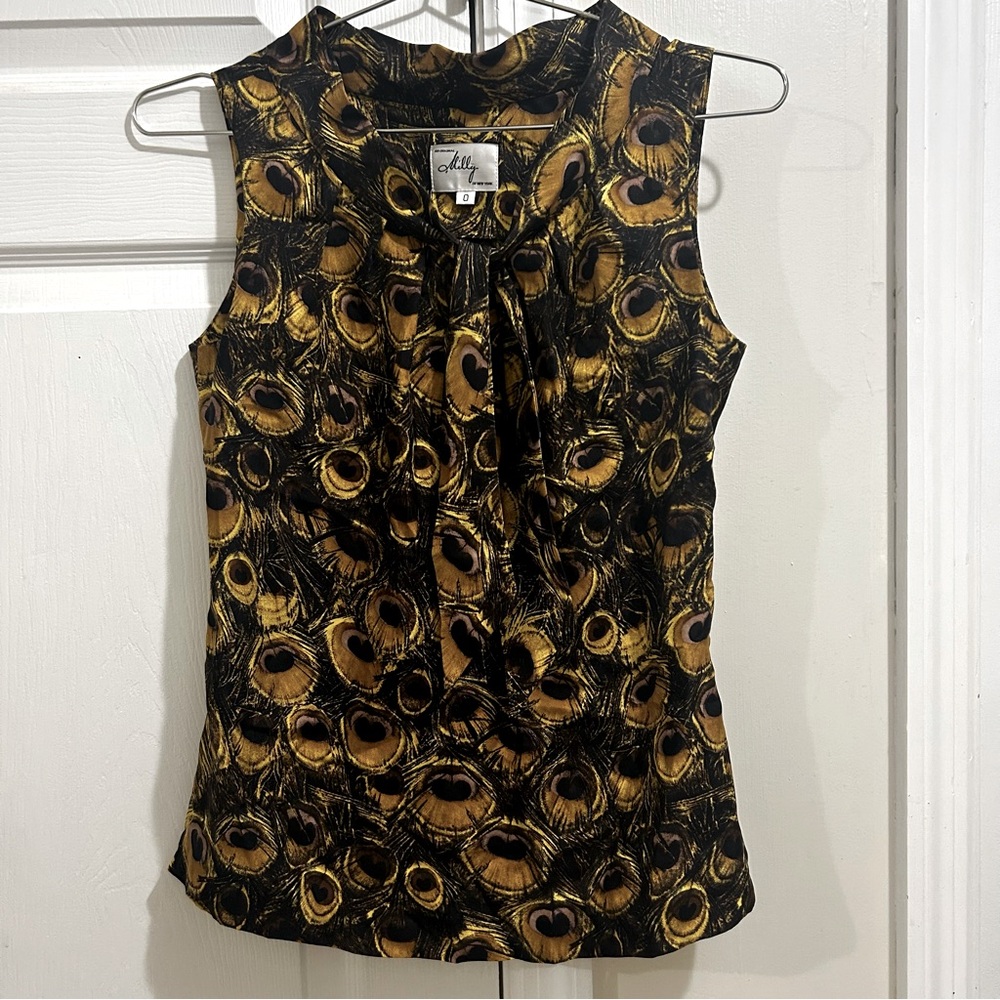 Milly Silk Peacock Feather Print Sleeveless V-Neck Top with Bow Accent, Size 0
